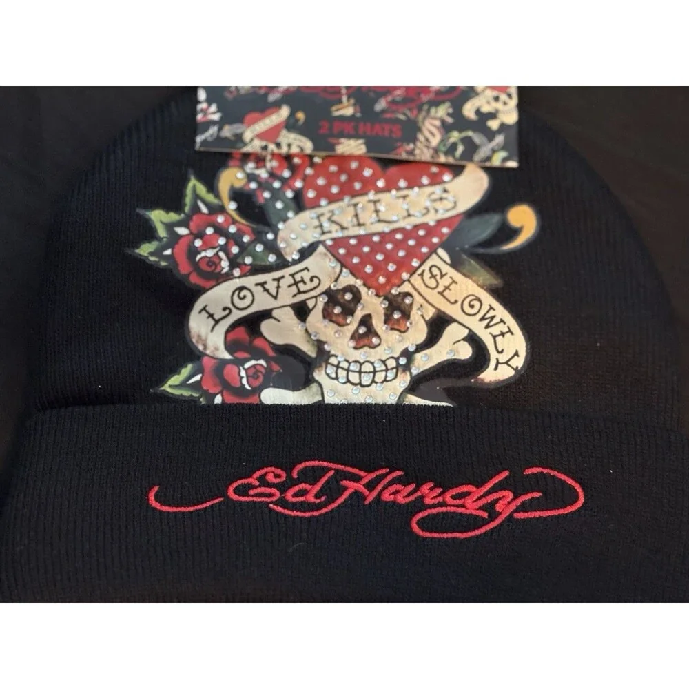 Ed Hardy Logo Designer 2 Pack Beanie Hat Skull Love Kills Tiger Black Grey Y2K